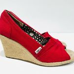 Toms Classic Red Canvas Wedge Espadrille Peep Toe Shoes Sandals Photo 3
