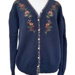 Vintage Sweater Floral Embroidered Cardigan Button Front Size M Blue Cotton Knit Size M Photo 0