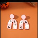 🌸 4 for $20 Halloween Light Pink Moon Pumpkin Printed Clay Textured Earrings Photo 2