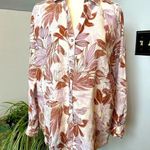 Tahari  100% Linen Button Up Blouse White w/ Leaf Pattern in Brown & Lavender Med Photo 0