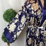 Adonna  Blue & Tan Floral Print Satin Short Long Sleeve Belted Robe XS Photo 2