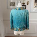 Trina Turk  Turquoise Blue 100% Silk Gold Sequin Bolero Jacket 0 XS S Photo 4