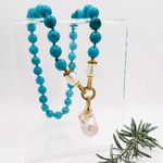 Handmade Genuine Turquoise Necklace With Large Natural Baroque Pearl Pendant Photo 0
