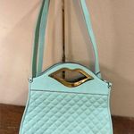 Light Blue Quilted Shoulder Bag with Gold Lip Handle Medium Size Photo 0