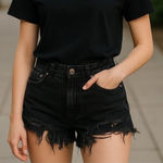 ZARA Black High Rise Distressed Cut Off Denim Shorts Sz 4 Cotton Blend Festival Photo 0
