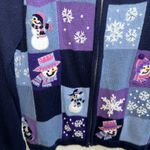 Victoria Jones Snowman Christmas Sweater Women's S Zip Up Embroidered Snowflakes Blue Photo 3