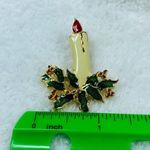 Candle Stick Holly Leaves Berries Christmas Pin Brooch Holiday Wear Vintage Photo 8