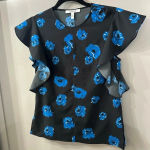 Derek Lam  10 Crosby Blouse Black and Blue Floral Print Ruffle Sleeve Size 0 Photo 1