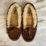 UGG  Womens Shearling Lined Chocolate Brown Suede Moccasin Slippers Size 6 Photo 5