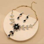 Black Crystal Flower Women Earring Necklace Jewelry Sets Luxury Gold Color Photo 2