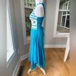 Vintage 70’s Handmade Turquoise Embroidered Halter Handkerchief Hem Dress Small Blue Photo 8