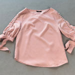 SheIn  Blouse Top Womens M Pink Pearl Embellished Bow Sleeve Cuff Tie Detail Photo 0