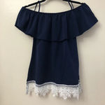 Navy off shoulder top with white lace trim‎ Blue Size XS Photo 2