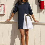 Tanya Taylor  Callie French Terry Sweater Pleated Side Skirt Navy Blue Dress‎ Photo 0