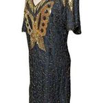 Vtg 1980s Black 100% Silk Gold Butterfly Sequin Embellished Sheath Dress Sz M Size M Photo 0