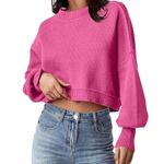 Sweater Womens XL Pink Crop Top Crewneck Cropped Batwing Sleeve Ribbed Tops D1 Photo 0