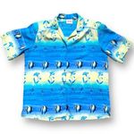Vintage 90s Tropical Fish Print Shirt Blue Yellow Crinkle Button Front Top 14 Photo 4