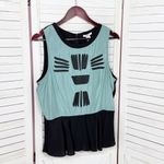 Bar III  Vintage Tribal Pattern Mixed Media Peplum Hem Sleeveless Top Teal Black Photo 7