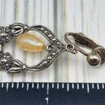 Vintage Silver Tone Drop Dangle Faux Pearl & Floral Hoop Earrings Clip On 1.75" Photo 10