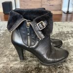Anne Klein Black Leather Faux Fur 3" Heeled Ankle Boots Size 7 Photo 2