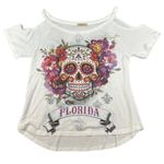 Sweet Gisele Womens Medium Sugar Skull Open Cold Shoulder SS Tee White Florida Photo 0