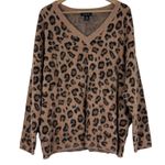 Rachel Zoe Fuzzy Sweater Womens 1X Brown Leopard Print V-Neck Cozy Maximalist Photo 0