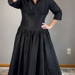 Rickie Freeman Teri Jon Pleated Midi Dress Size 14 Collar 3/4 Sleeve Black Silk Photo 0