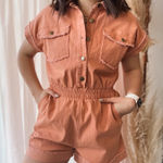 Sadie & Sage Clear Eyes Denim Romper Coral Pink NWT Size S‎ Photo 0