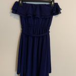 EXPRESS Womens Size XS Strapless Dress Blue High Low Belt Ruffle Top Mid Length Photo 5