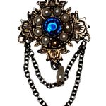 Gold Tone With Blue & Faux Pearl Victorian Design 2" Vtg Photo 2