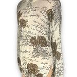 Vintage 90s Cardigan Sweater Fitted Knit Oatmeal Gold Metallic Dark Floral Size L Photo 2