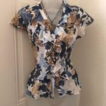Allison Taylor Blue white brown floral ruffle shirred top fitted shirt Photo 1