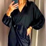 ZARA  SATIN EFFECT WRAP LONG SLEEVE MINI DRESS BLACK SIZE S NEW Photo 0