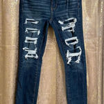 American Eagle Stretch Distressed Patched Dark Wash Hi Rise Jeggings, Size 2 Photo 0