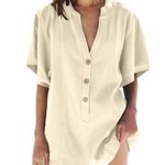 Beige Casual Button Down Short Sleeve V Neck Jumpsuit Small New Tan Photo 0