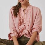 Pilcro Linen Ruffle Placket Shirt Peach Color Long Sleeves Size Large Pink Photo 1