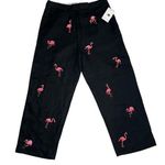 Deane & White 100% Linen Crop Black Pink Flamingo Embroidered Pants NWT Size 10 Photo 0