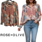 Rose + Olive  Multicolor Floral Patchwork Blouse with Ruffles Size Large Photo 1