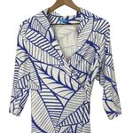 J. McLaughlin Faux Wrap Surpice V Neck Jersey Knit Knee Length Dress White Blue S Photo 2