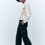 ZARA NEW  RUFFLED FLOWY BLOUSE  Top Ivory Womens Size M Long‎ Sleeve Embroidered Photo 1