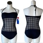 NWT SUN & SEA CROCHET LACE HALTER NECK ONE PIECE SWIMSUITS/ BODYSUIT Black Size 12 Photo 1