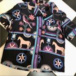 Patbo Satin Cordel Print Scarf Pattern Short Sleeve Button Down Peacocks Multi S Photo 5