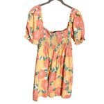 House of Harlow 1960 Dress Linen Floral Smocked Puff Sleeve Mini Dress Medium Orange Photo 1