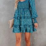 VICI Shine On Metallic Tiered Babydoll Dress XS Teal Gold Smocked Photo 5
