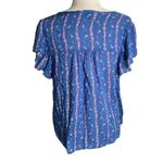 Lee Boho Flutter Sleeve Peasant Top M Blue Floral Rayon Tie Neck Bohemian Photo 3
