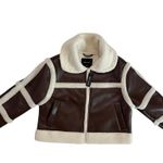 New Look Bomber Jacket Sherpa Lined Teddy Faux Fur Leather Brown Women's Sz L Photo 9