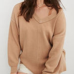 Aerie  Tan Beige Ribbed V-Neck Oversized Sweater Women’s Size XS Photo 0