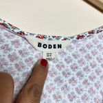 Boden USA BODEN Red Ditsy Floral Print Ruched Front Short Sleeve Jersey V-Neck Top Photo 4