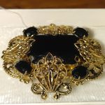 Brooch Black Edwardian Revival Mourning Czech Gilded Metalwork Gold Filigree Size 2 Photo 7