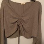 Ginger G Green Solid Drawstring Ruched Front Waist Crop Long Sleeve Waffle Crop Top Photo 4